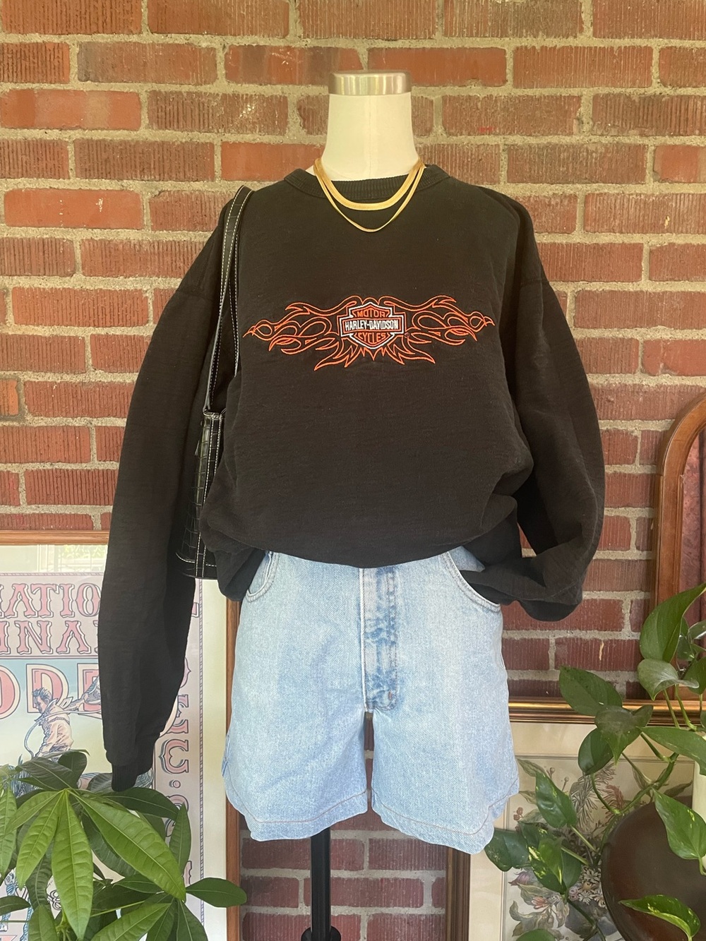 Harley-Davidson Black Crewneck Sweatshirt with Embroidered Orange Flame Logo